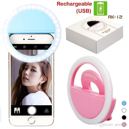 Portable USB Rechargeable Selfie Ring Light – Adjustable Brightness LED clip on for mobile