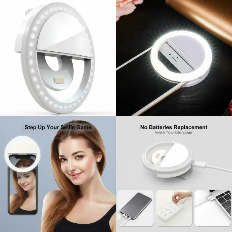 Portable USB Rechargeable Selfie Ring Light – Adjustable Brightness LED clip on for mobile