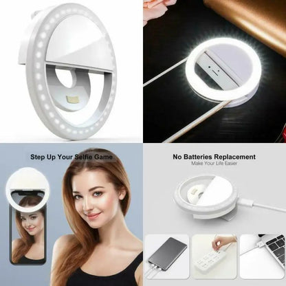 Portable USB Rechargeable Selfie Ring Light – Adjustable Brightness LED clip on for mobile
