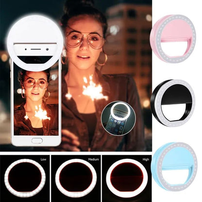 Portable USB Rechargeable Selfie Ring Light – Adjustable Brightness LED clip on for mobile
