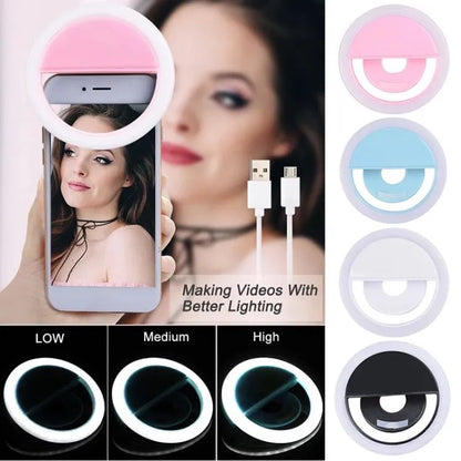 Portable USB Rechargeable Selfie Ring Light – Adjustable Brightness LED clip on for mobile