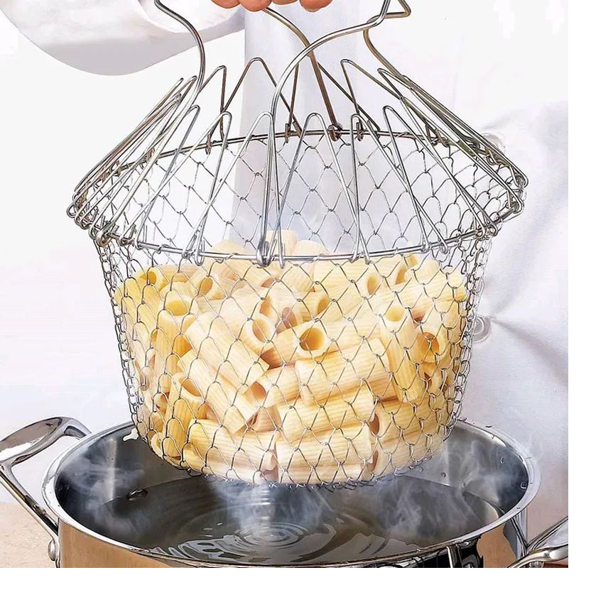 12-in-1 Foldable Chef Basket – Stainless Steel Vegetable Frying, Straining & Steaming Tool