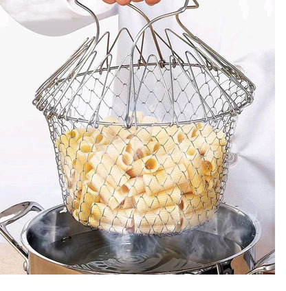 12-in-1 Foldable Chef Basket – Stainless Steel Vegetable Frying, Straining & Steaming Tool