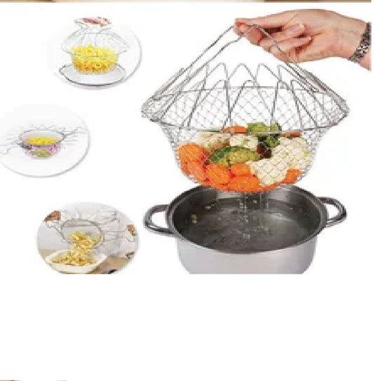 12-in-1 Foldable Chef Basket – Stainless Steel Vegetable Frying, Straining & Steaming Tool